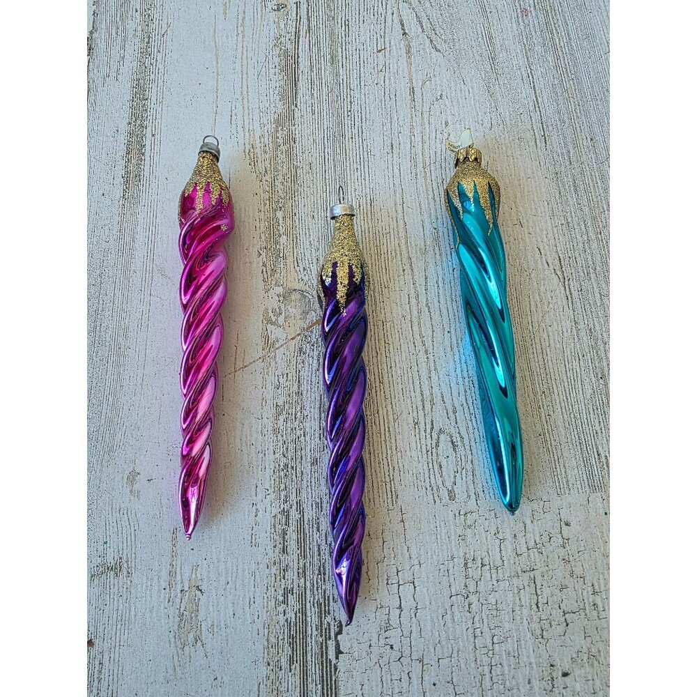 Vintage Germany Mercury icicle‎ glitter gold ornament glass blue purple pink set